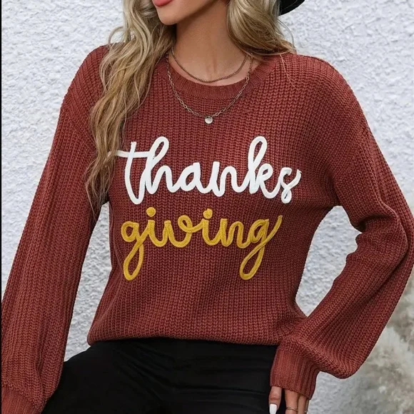 Oversized Thanksgiving Cable Knit Pullover Sweatshirt - Picture 4 of 6